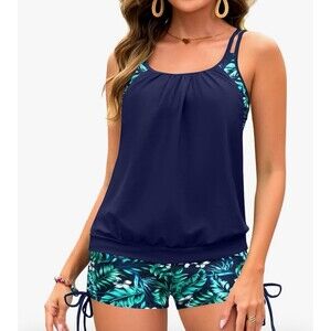 Women's swimsuit Two Piece Tankini T-Back Blouson Swim Top with Boy Shorts L